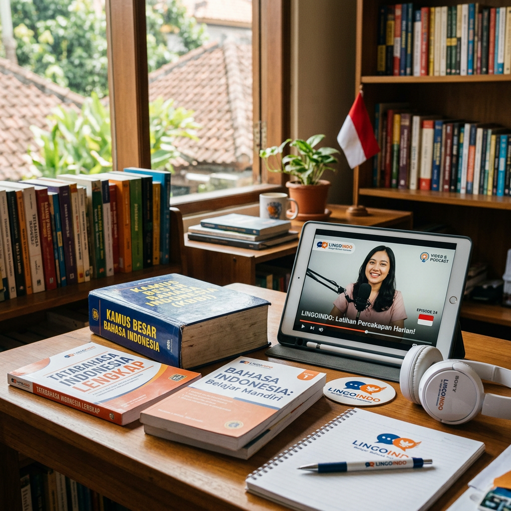 Books and tablet with Indonesian language learning content on a desk