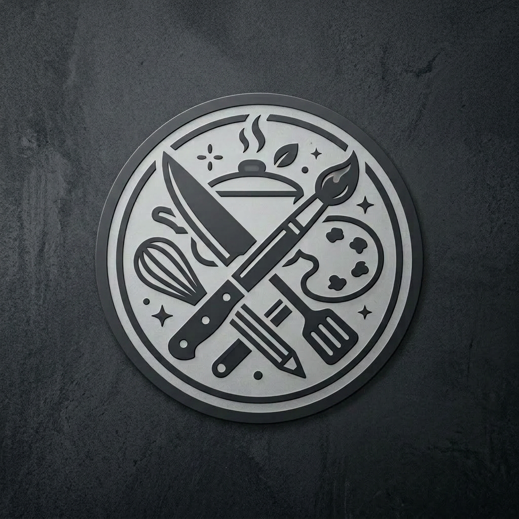 Emblem featuring a knife, paintbrush, whisk, spatula, pencil, and cooking pot lid arranged in a circle